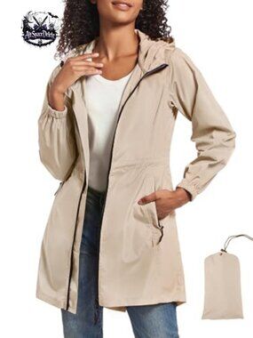Packable Waterproof Long Rain Jacket with Hood Trench Raincoat
